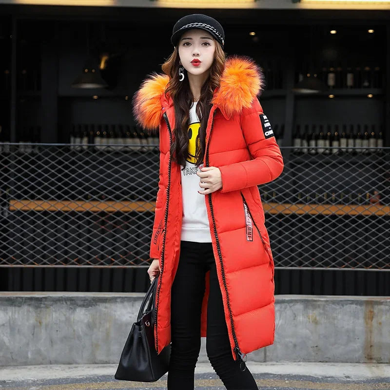 2024 Women's Down Parkas Winter Jacket Big Fur Collar Thick Slim Coat Fashion Hooded Cotton Outerwear Long Winter Woman Coat