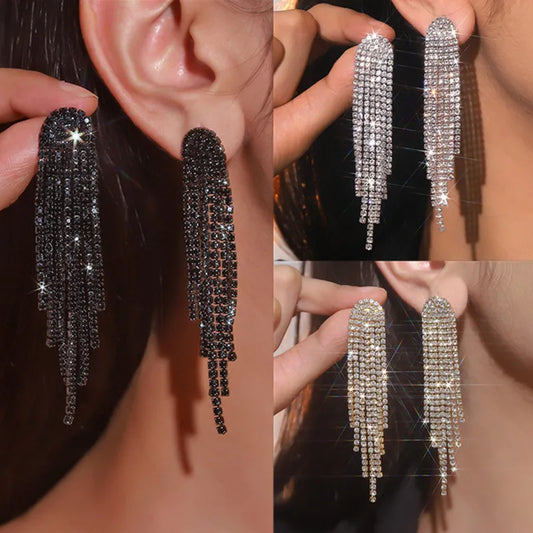 Fashion Long Tassel Drop Earrings for Women Black Gold Silver Color Rhinestone Dangle Earring Wedding Party Jewelry