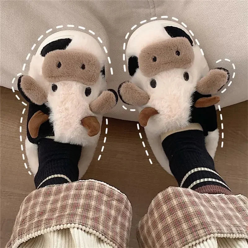 2024 Winter Warm Milk Cow Women Slippers Men Cute Soft Plush Sandals Adults Lovely Non-slip Flip Flops Couples Home Flat Slides