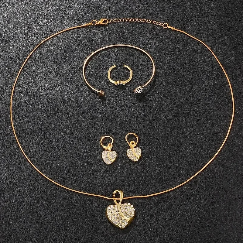 Women's Clock Quartz Watch Gold Luxury Women Ring Necklace Earring Rhinestone Fashion Wristwatch Casual Ladies Watches Jewelry Set