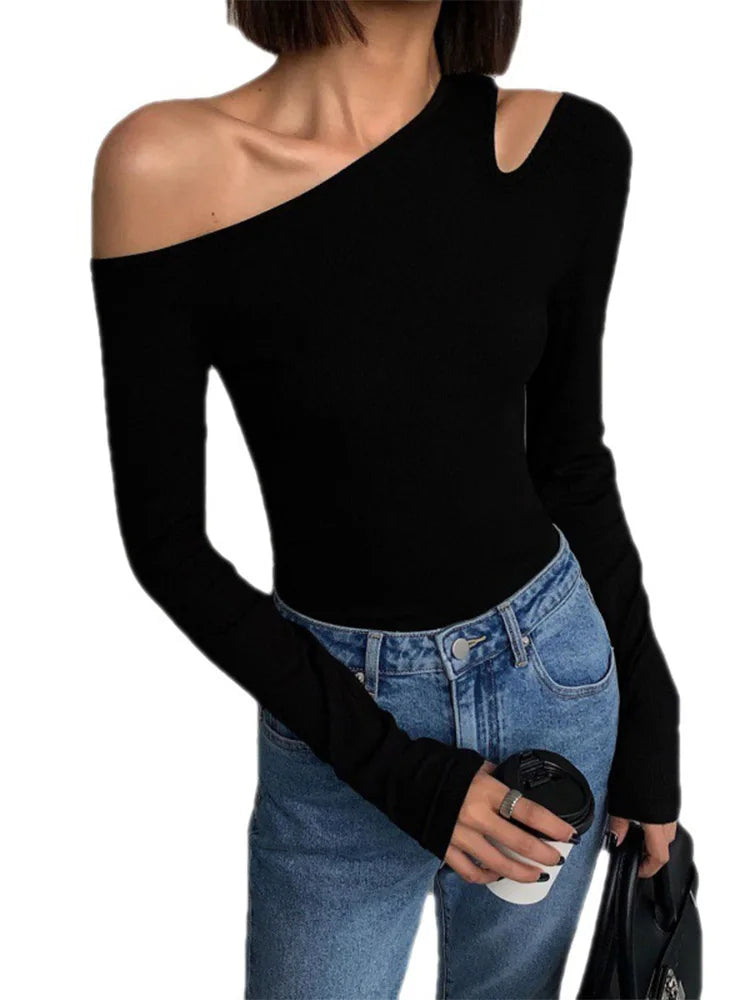 Fashion Skew Collar Off-shoulder Long-sleeved T-shirts Women Spring New Solid Slim Fit Crop Top Sexy Hollow Out Tees Shirts