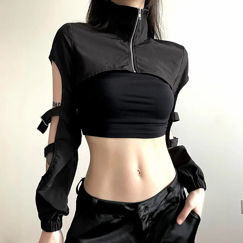 Sexy T Shirt Women Long Sleeve Hollow Out Zipper Y2k Crop Tee Tops Cyberpunk Grunge Short Goth Top