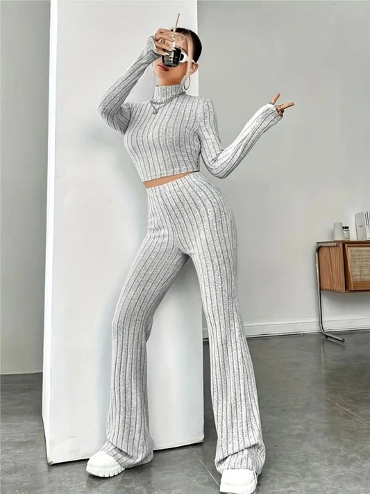 2024 Spring Women's Fashion Knitted Long Sleeve Waist Set Hoodie High Collar Loose Long Sleeve Long Pants Two Piece Set