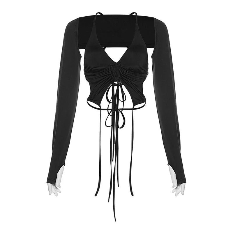 2 Piece Long Sleeve Halter Crop Top Sexy Trendy Irregular Backless Women T-shirts Aesthetic