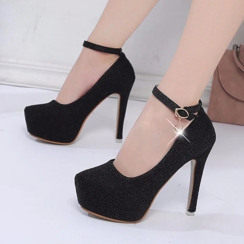 Fashion Wedding Shoes Women High Heels Women Pumps Bride Shoes Platform Super High Heel 12cm Black Silver