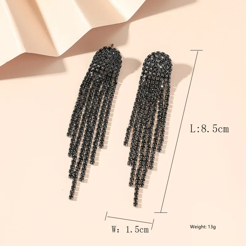 Fashion Long Tassel Drop Earrings for Women Black Gold Silver Color Rhinestone Dangle Earring Wedding Party Jewelry