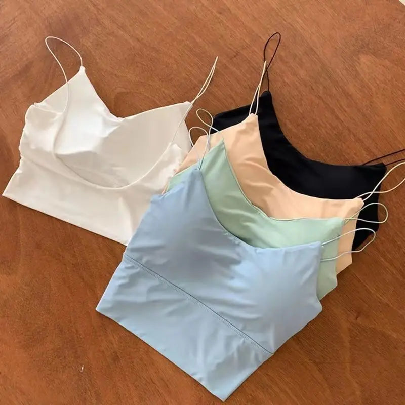 1pc Women Sexy Solid Color Camisole Ice Silk Tube Seamless Sports Tank Top Wireless Underwear Padded Bralette