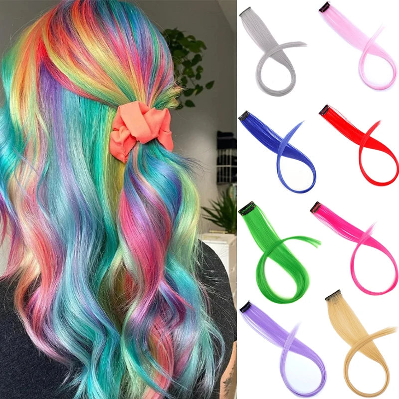 Long Straight  Hair Extension Gradient Rainbow Multi color Hairpiece Wigs for Women