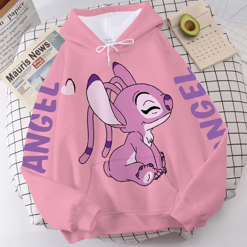 Disney Hoodie Fashion Stitch Angel Monster Letter Cartoon Sweatshirt Pullover Cute Harajuku Unisex Women's Pocket Top