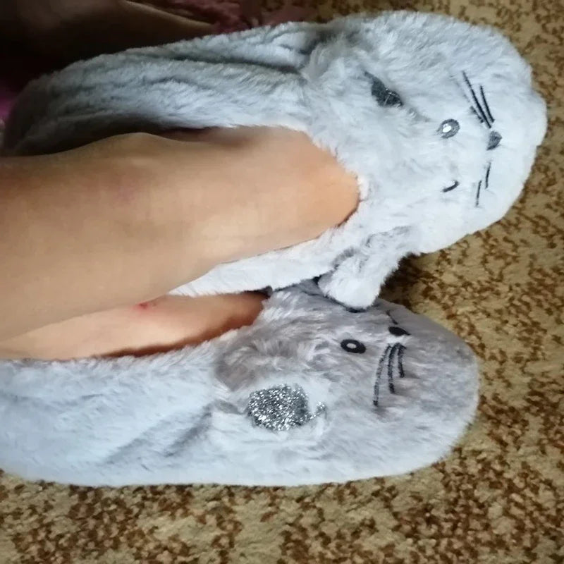 Home Fuzzy Slipper Women Winter Fur Contton Warm Plush Non Slip Grip Indoor Fluffy Lazy Female Mouse Ears Floor Shoe Living room