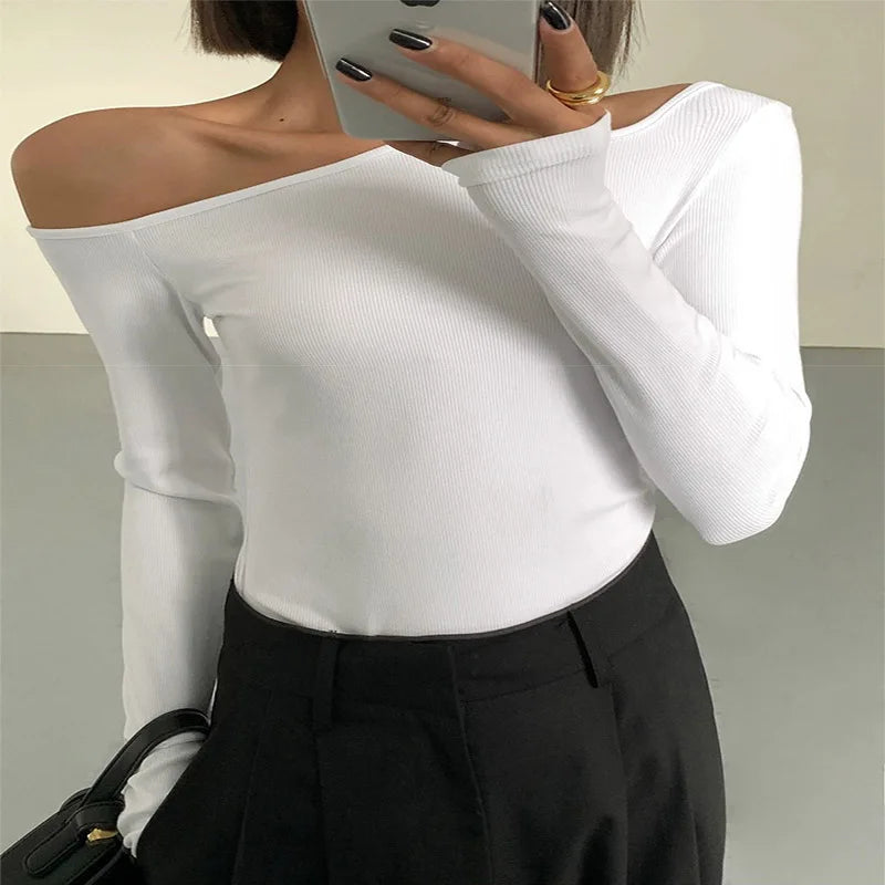 Fashion Skew Collar Off-shoulder Long-sleeved T-shirts Women Spring New Solid Slim Fit Crop Top Sexy Hollow Out Tees Shirts