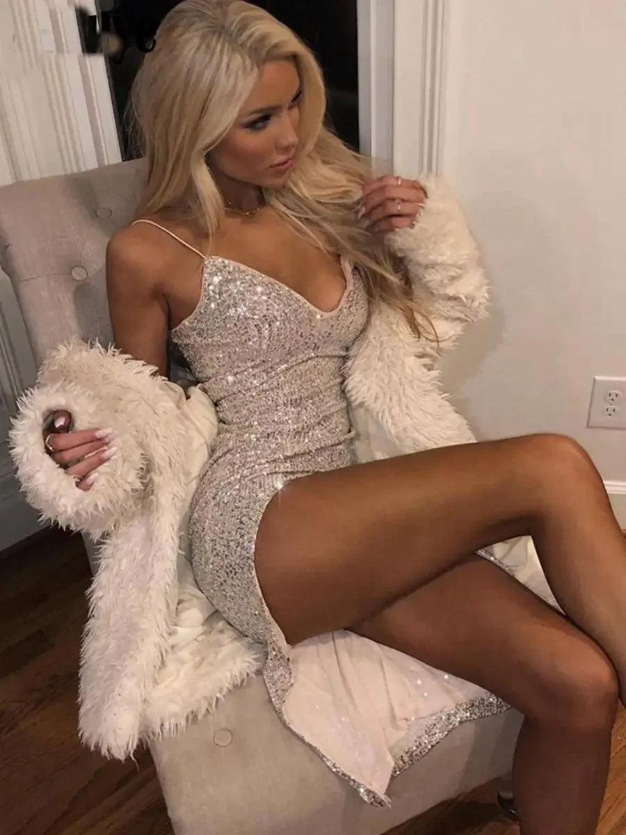 Women's Sexy Evening Party Sequined Glitter Silver Deep V-neck Thin Spaghetti Straps High Split Bodycon Long Dress