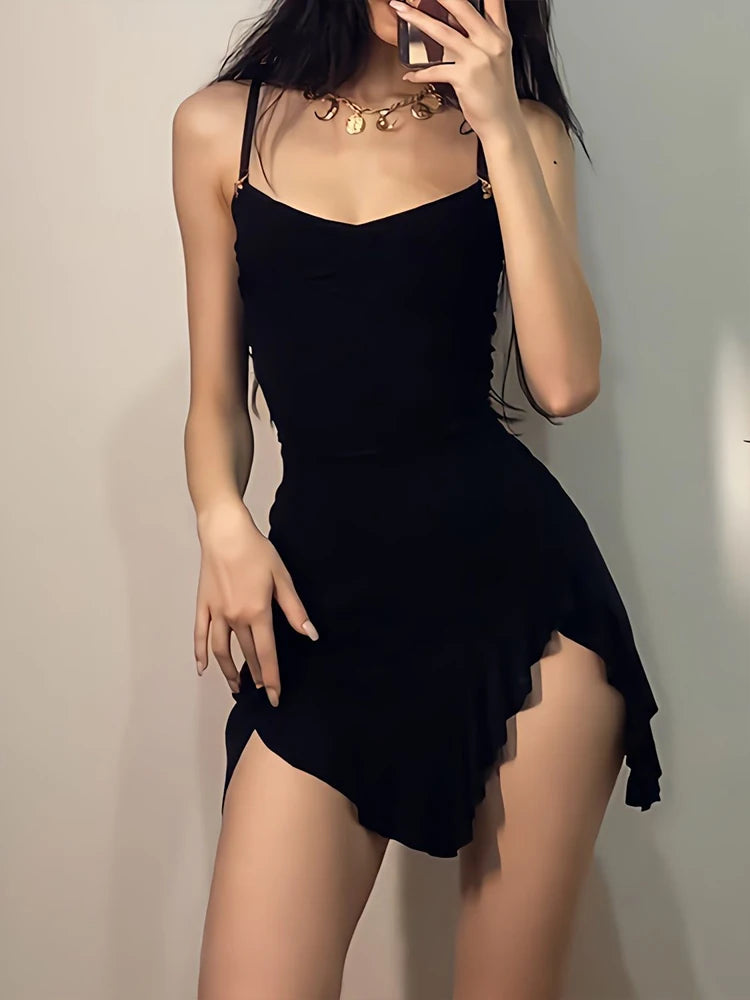 Sexy Mini Dress Women Summer New Black Sleeveless Strap Backless Folds Bodycon Split Dress Streetwear Elegant Party