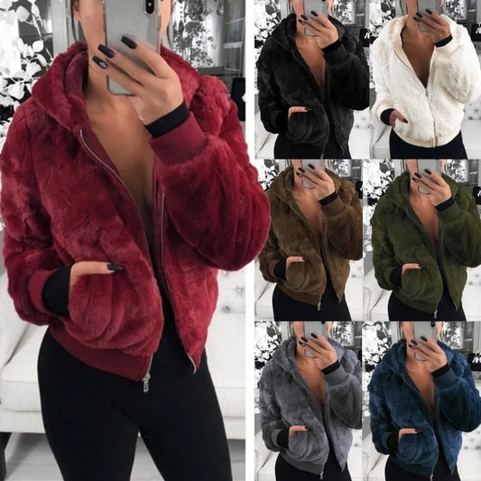 Teddy Coat Women Winter Faux Fur Coat With Hood New Thick Fluffy Pockets Plush Hooded Jacket Ladies Autumn Overcoat Outerwear