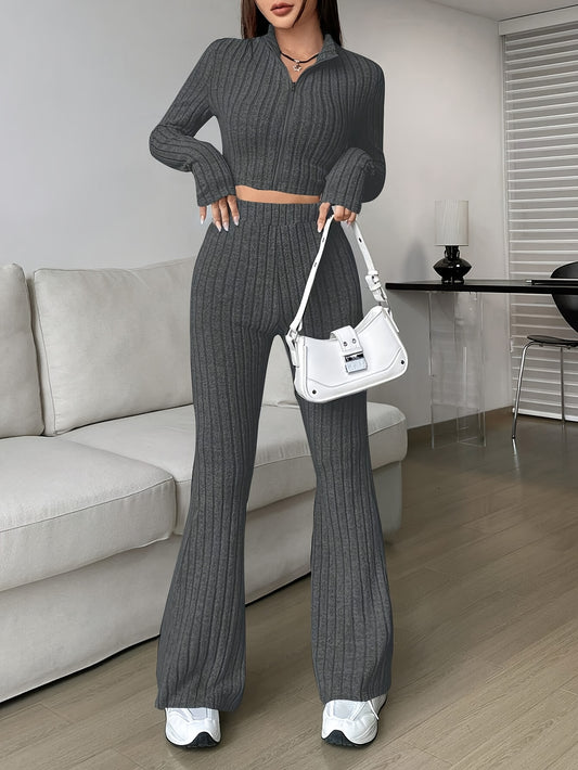 1 Set Elegant Polyester Knit Two-Piece Set - Long Sleeve Top with Cardigan Collar and Solid Color Flared Pants with Zipper Detail for Fall/Winter