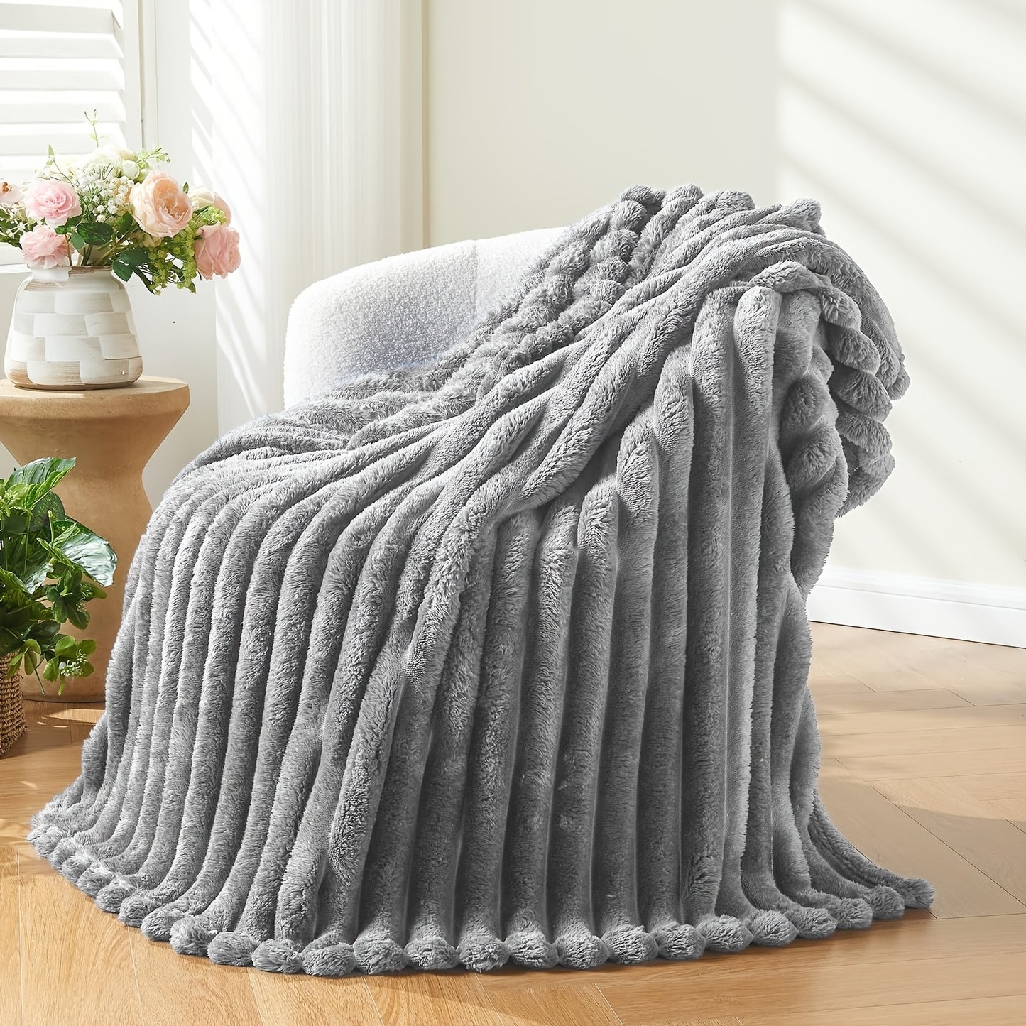 Ultra-Soft Beige Wool Blanket for Couples - Elastic Striped Plush, Perfect for Living Room & Bedroom Decor,