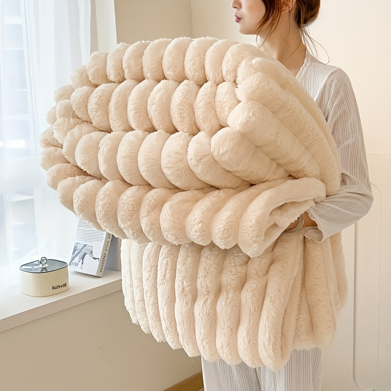 Ultra-Soft Beige Wool Blanket for Couples - Elastic Striped Plush, Perfect for Living Room & Bedroom Decor,